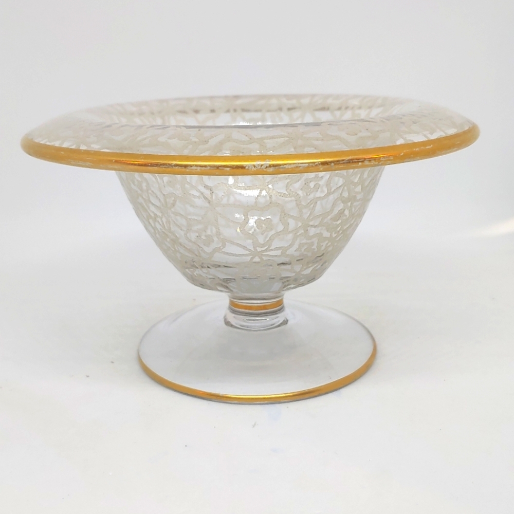 Vtg Glass Etched Compote Bowl Gilded Edges